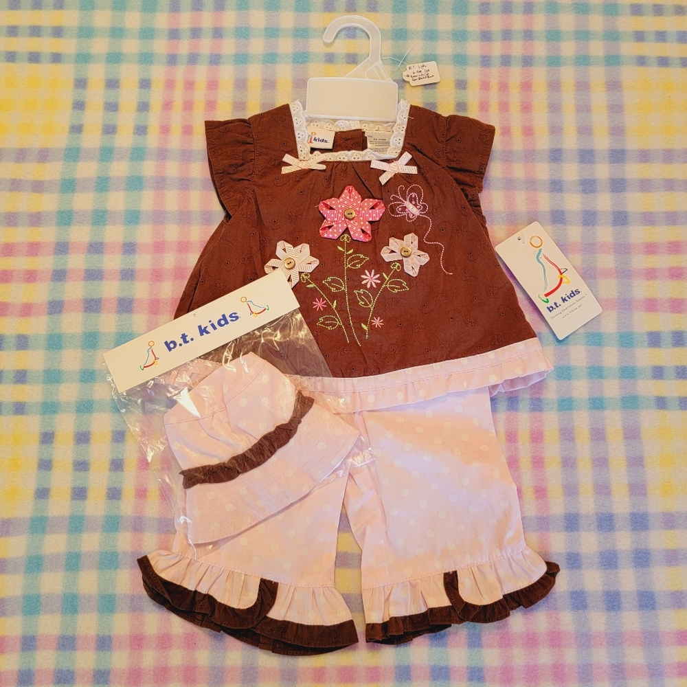 B.T. KIDS 🌷  Sweet NWT 3pc Brown|Pink 3D Ribbon Embroidered Floral Outfit 6/9M